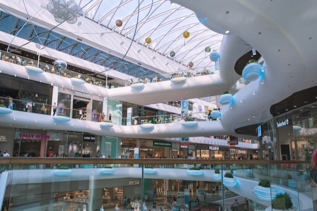 Sunlit shopping mall atrium